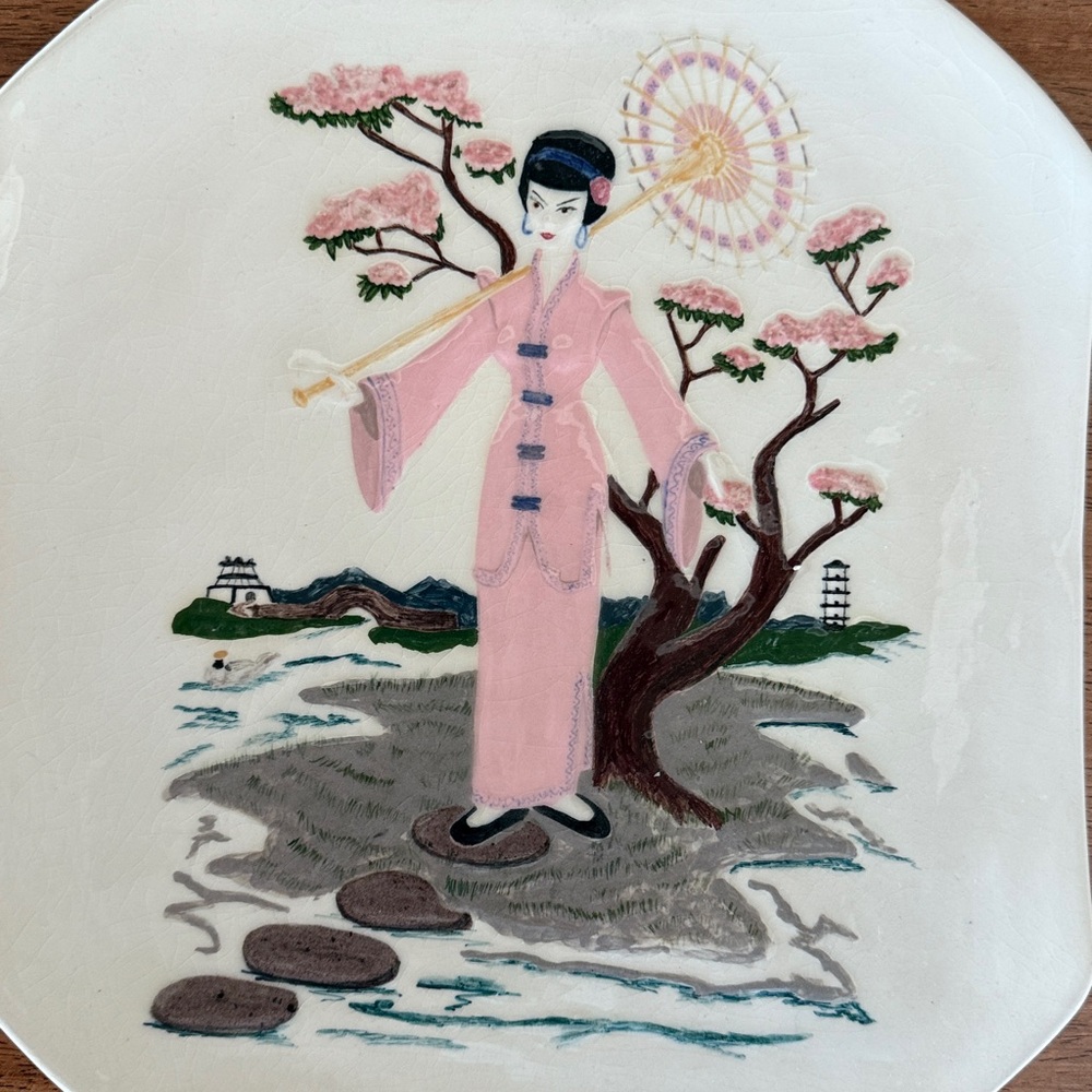 1958 hand painted and signed vintage Asian octagon shape  plates or dish